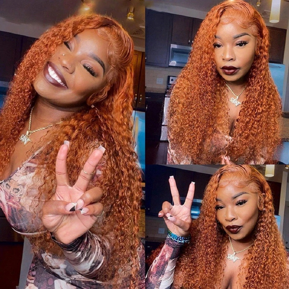 Close-up of soft synthetic bouncy orange curls on lace front cap construction