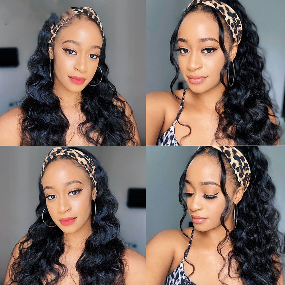 Model wearing long bouncy curly hair wig with integrated ice silk headband styling