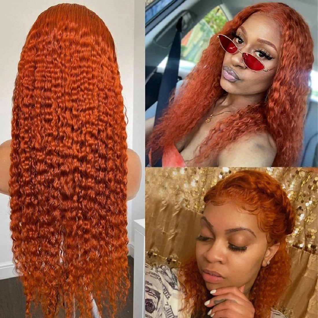 Vibrant orange curly lace front synthetic wig with realistic hairline by VELOURA